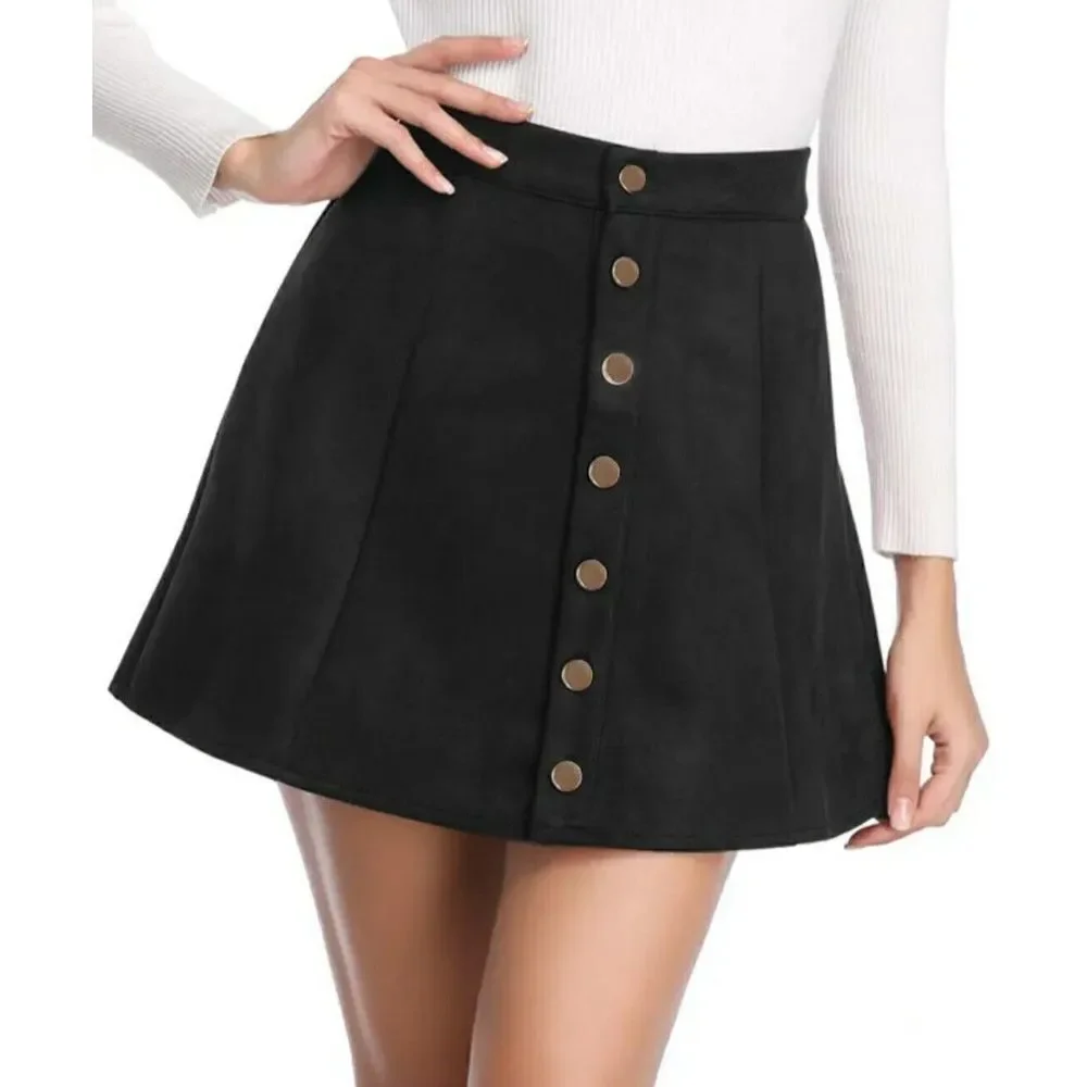 Fuinloth Faux‎ Suede Mini Skirt Black L Go Go Groovy Preppy